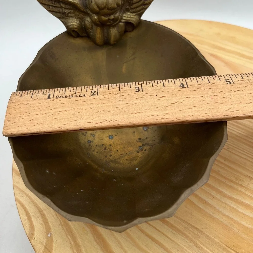 Vtg Solid Brass Cherub Angel Scalloped Trinket Bowl India   Hollywood Regency